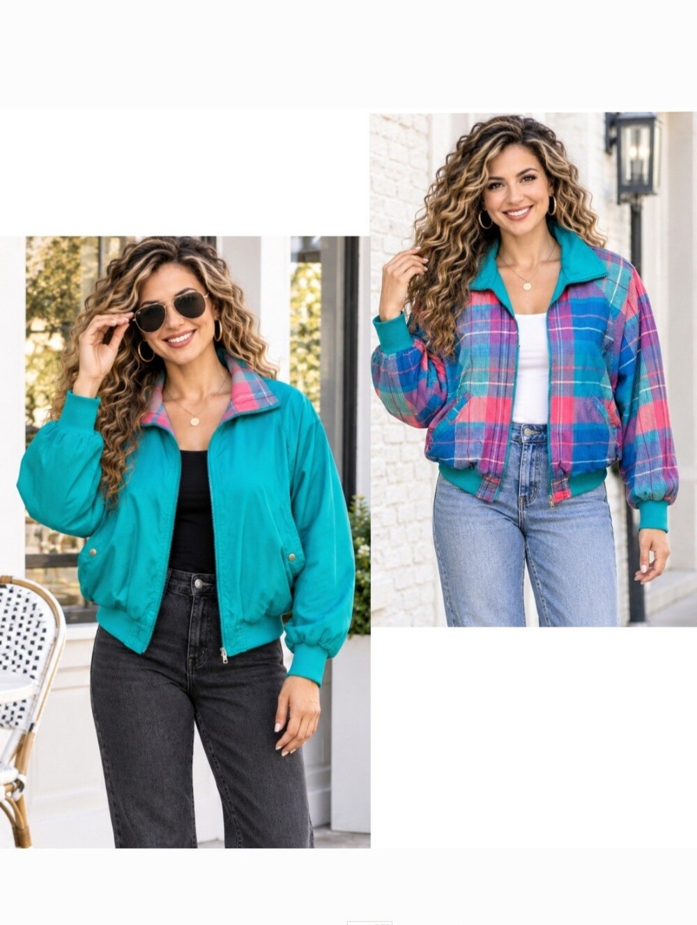 Vtg HEAD Sportswear Reversible Plaid Teal Bomber Jacket USA Made Medium 80s 90s